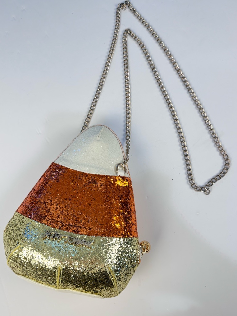 Betsey Johnson "Do I Make You Corny?" glitter candy corn crossbody bag